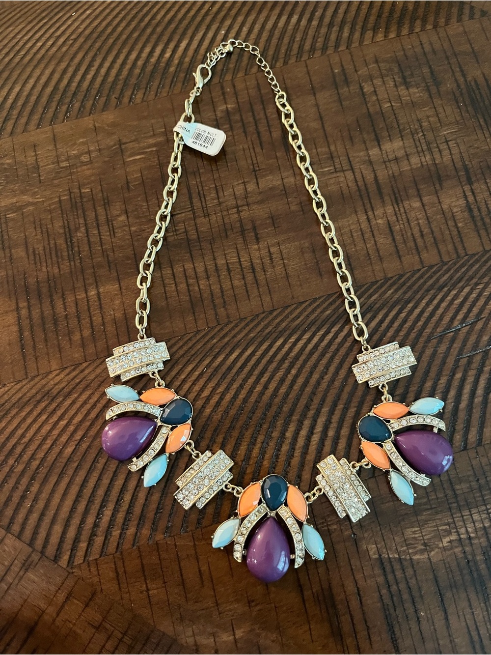 Gold-Tone Bee Purple Coral Statement Necklace with Multicolor Stones